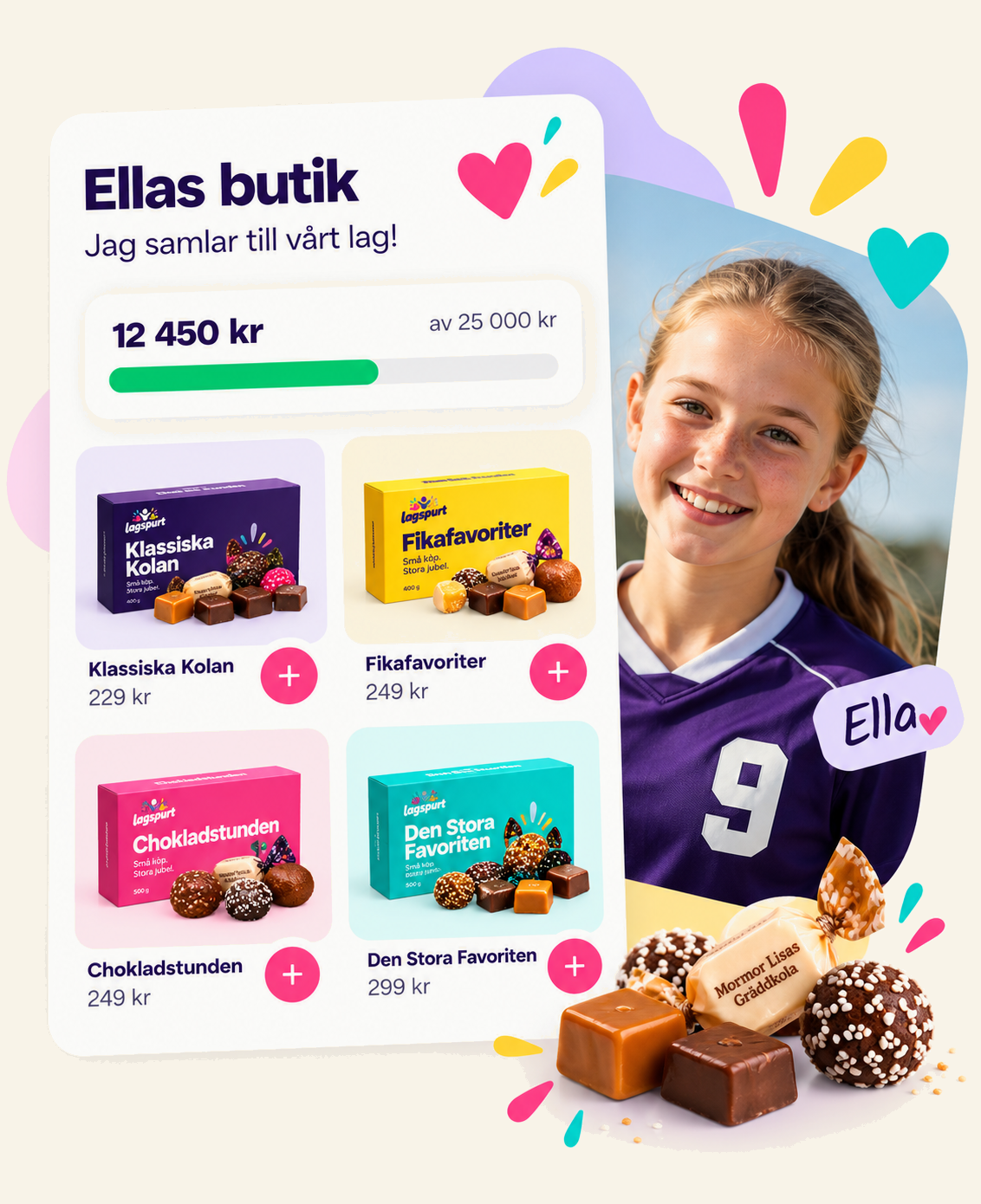 Exempel på en spelares butik: Ellas butik med insamlingsmål och Lagspurts fyra godisboxar