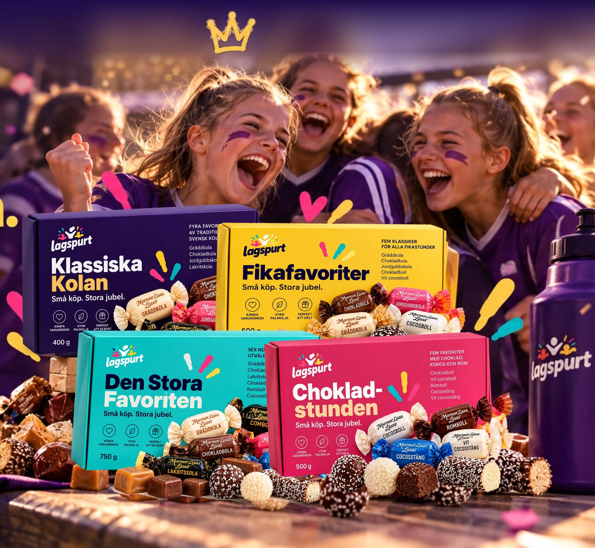 Glada tjejer i lila matchtröjor firar med Lagspurts fyra godisboxar